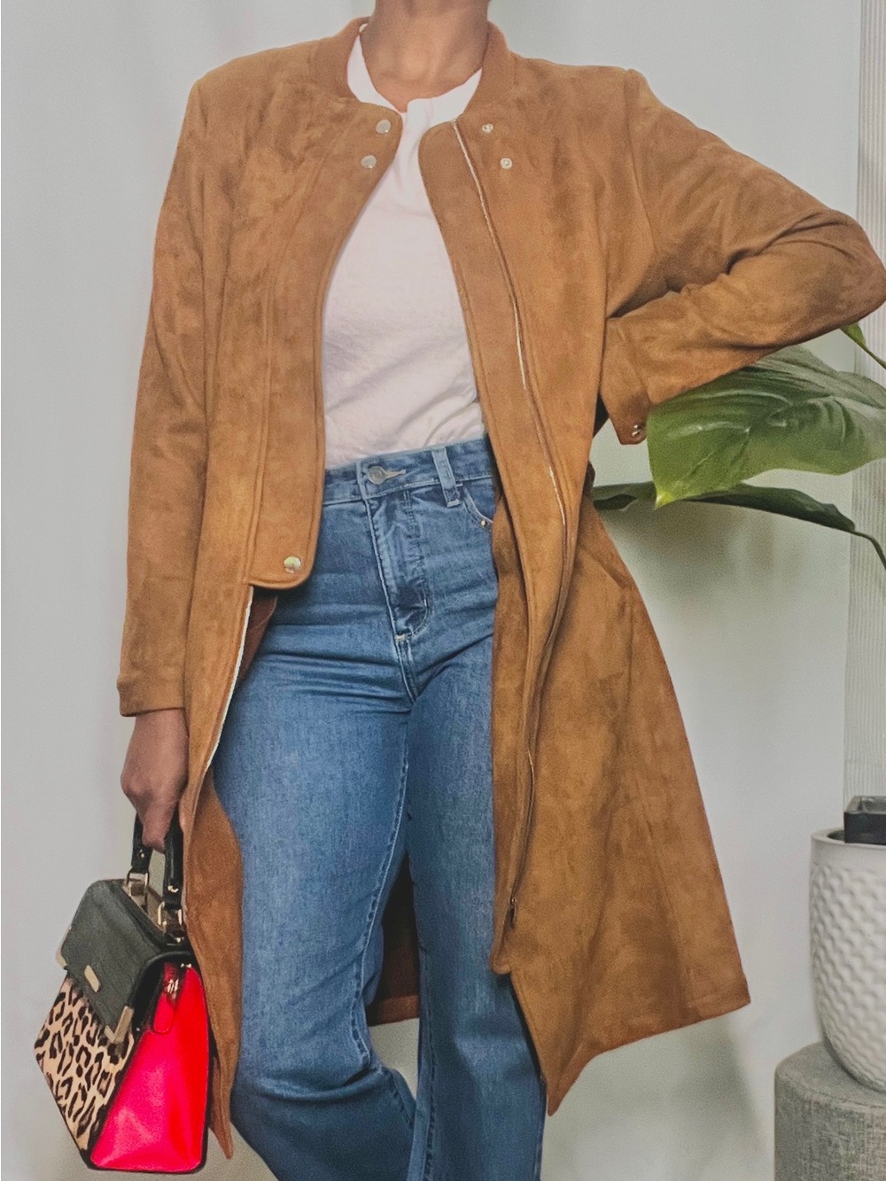 Classic Faux Suede Midi Length Coat in Chestnut Cognac Brown
